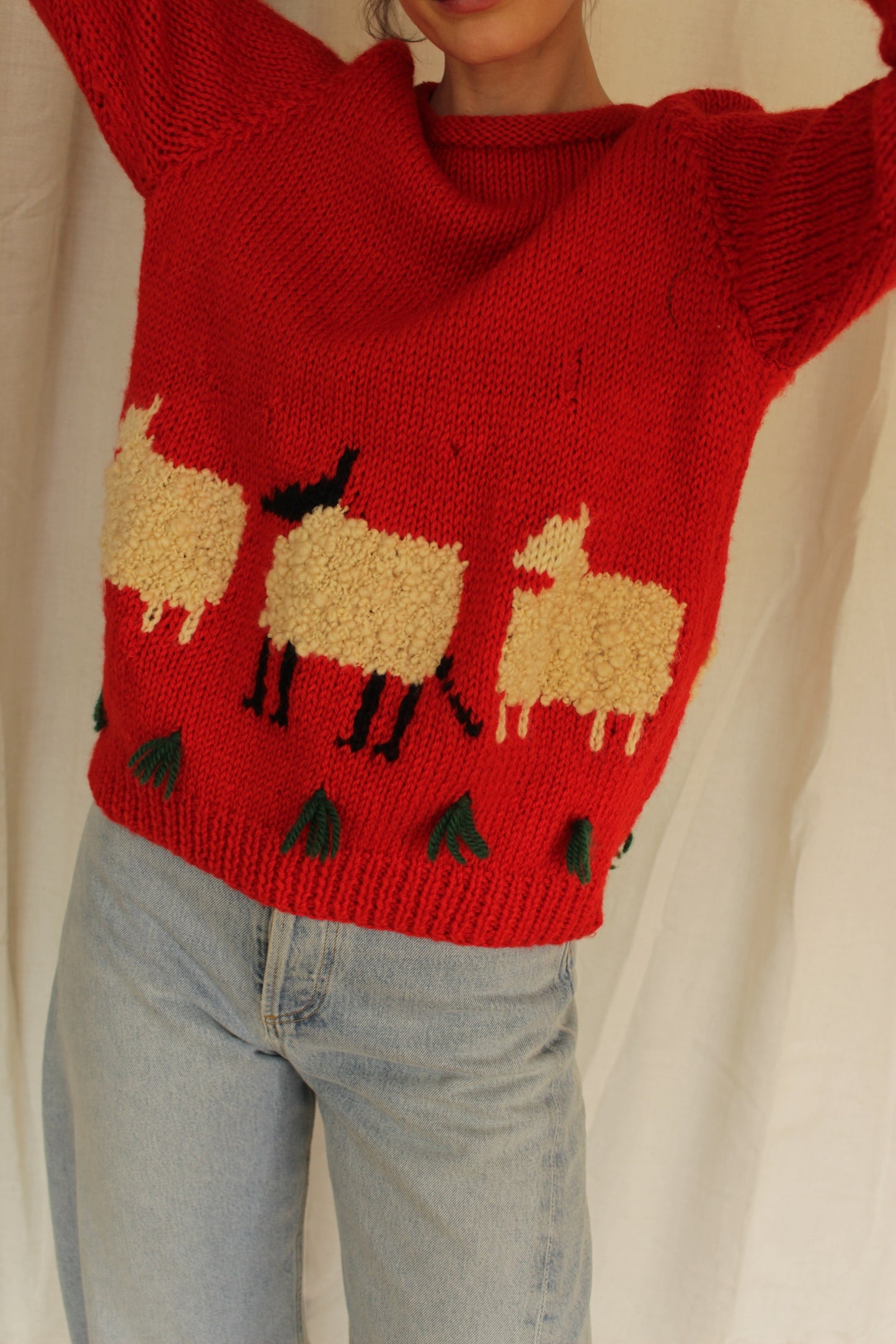 Vintage Hand Knit Sheep Patterned Wool Sweater