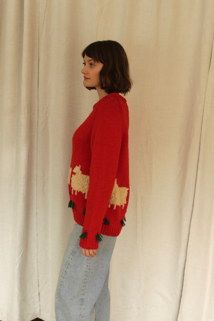 Vintage Hand Knit Sheep Patterned Wool Sweater