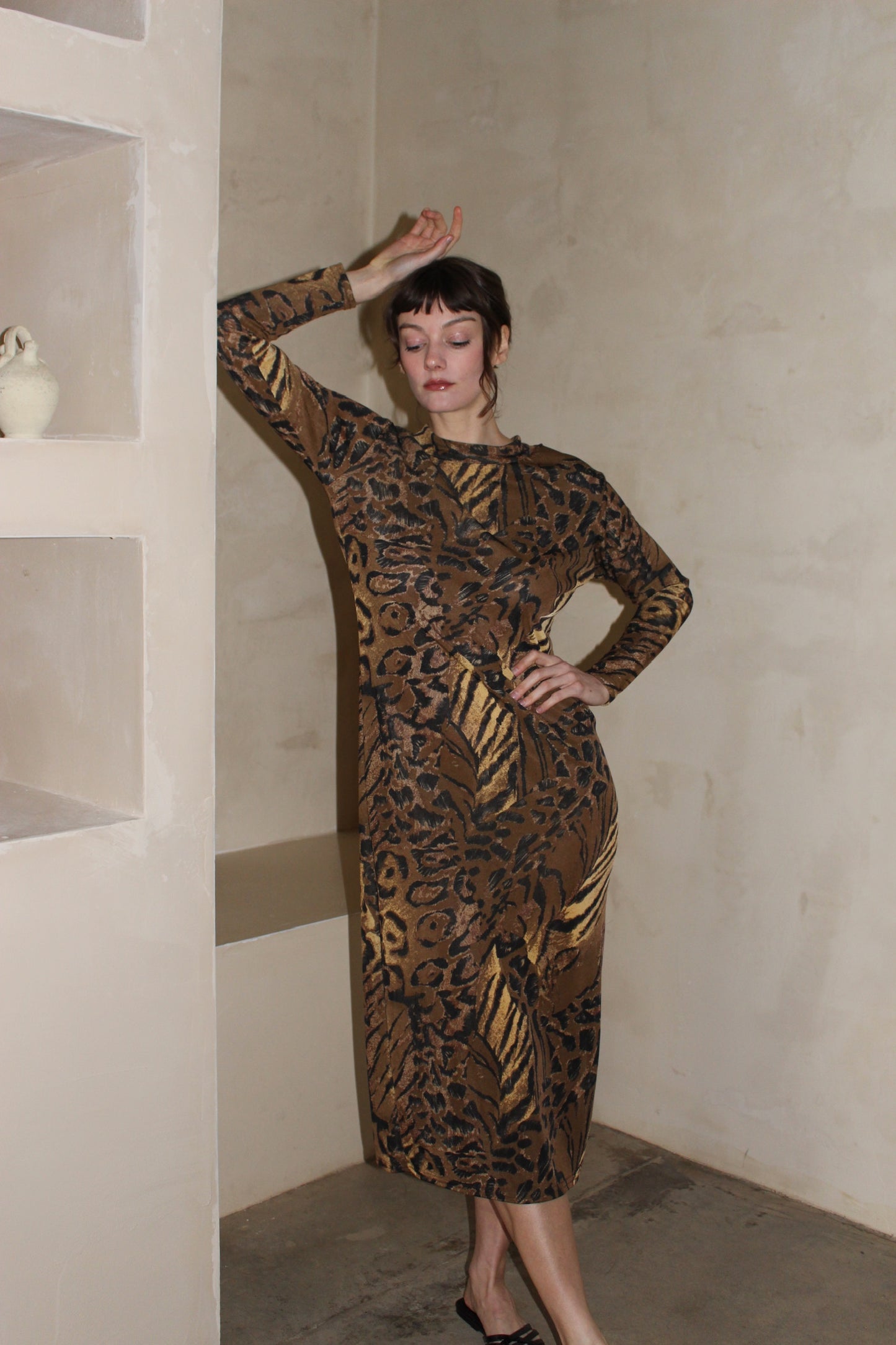 Fun Vintage Animal Printed Mock Neck Dress