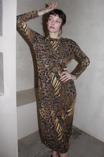 Fun Vintage Animal Printed Mock Neck Dress