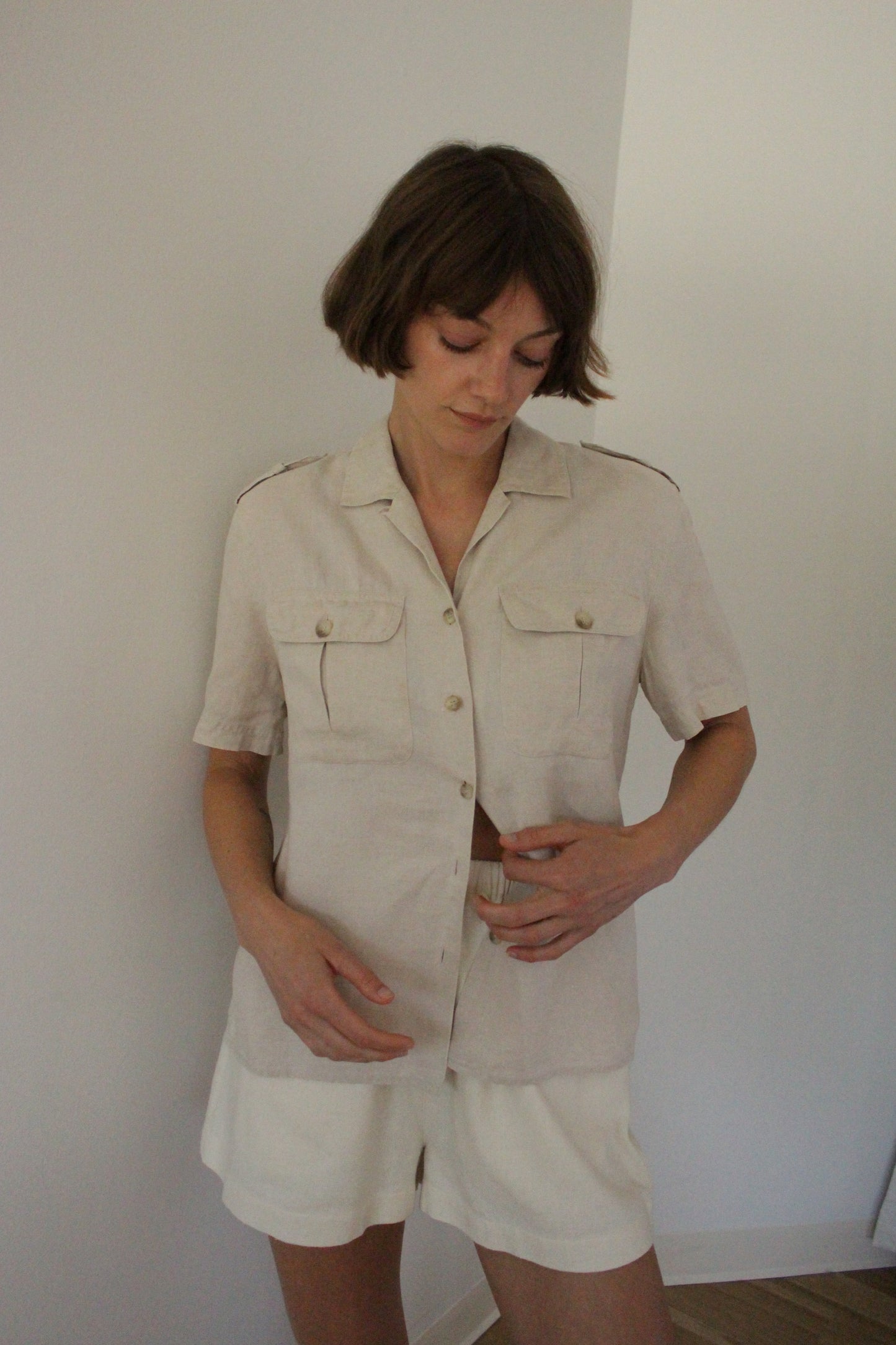Vintage Pure Linen Safari Short Sleeve Blouse
