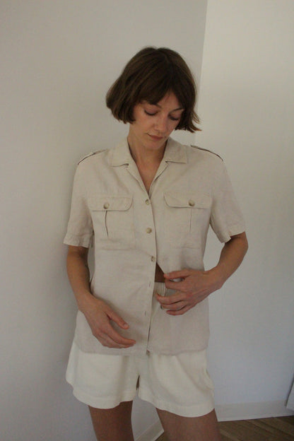 Vintage Pure Linen Safari Short Sleeve Blouse
