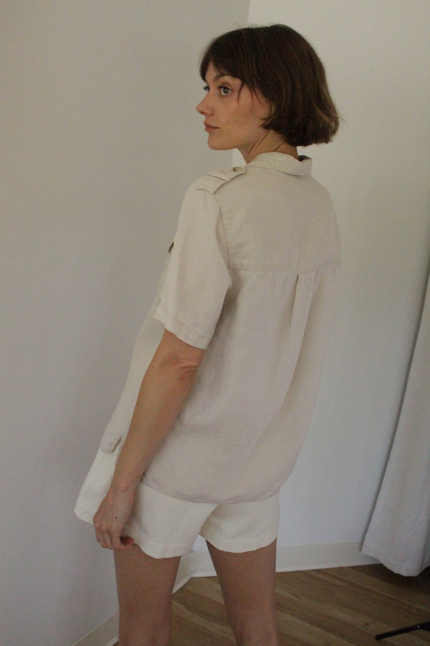 Vintage Pure Linen Safari Short Sleeve Blouse