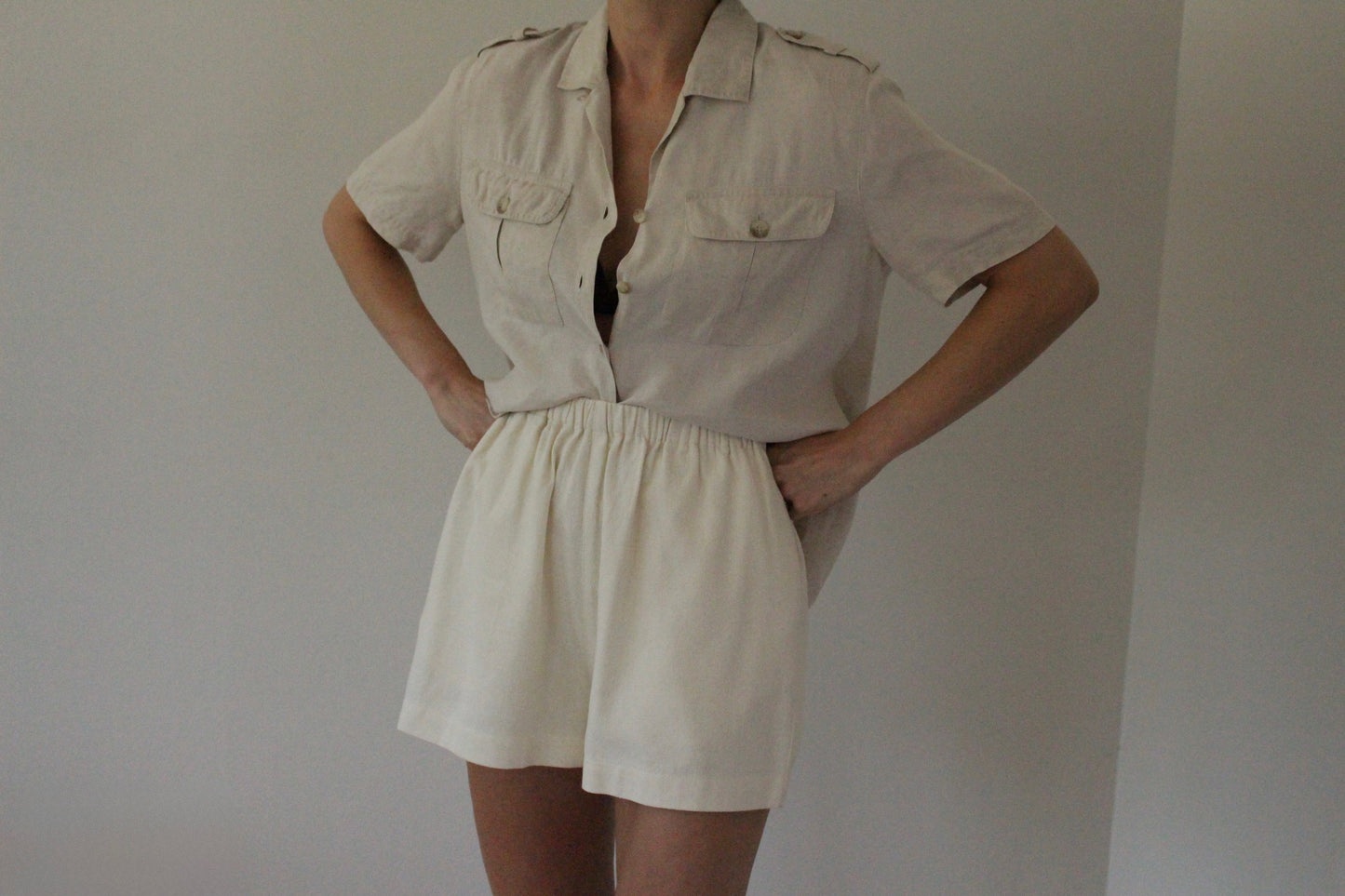 Vintage Pure Linen Safari Short Sleeve Blouse