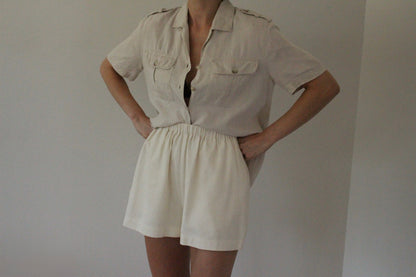 Vintage Pure Linen Safari Short Sleeve Blouse