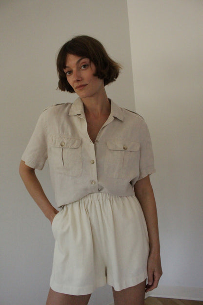 Vintage Pure Linen Safari Short Sleeve Blouse