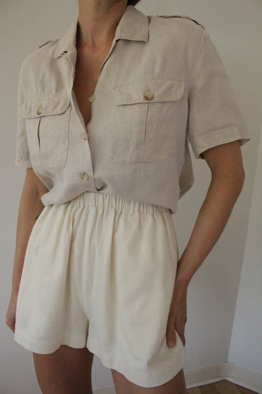 Vintage Pure Linen Safari Short Sleeve Blouse