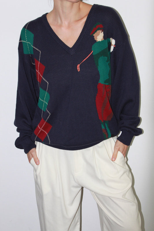 Favorite Vintage Argyle & Golf V-Neck Knit