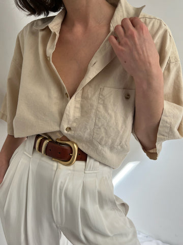 Vintage Sand Linen Short Sleeve Button Up