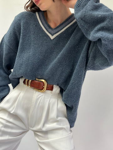 Vintage Slate Blue V-Neck Sweater