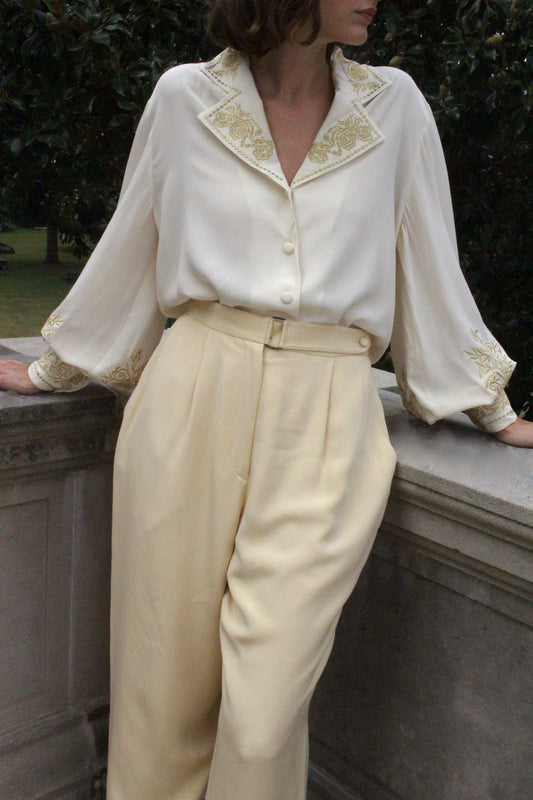 Incredible Vintage DVF Embroidered Silk Balloon Sleeve Blouse