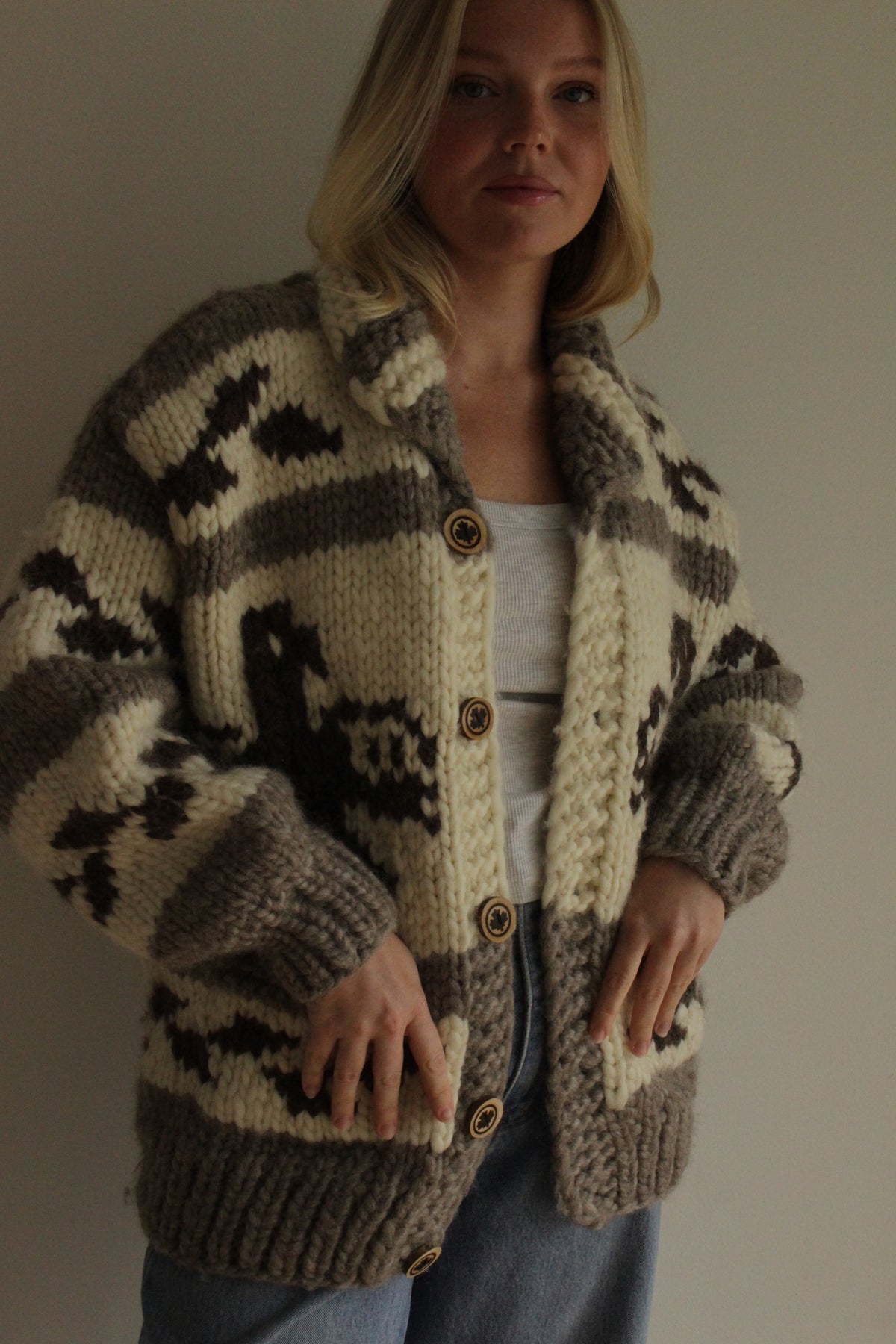 Vintage Chunky Hand Knit Wool Cowichan Cardigan