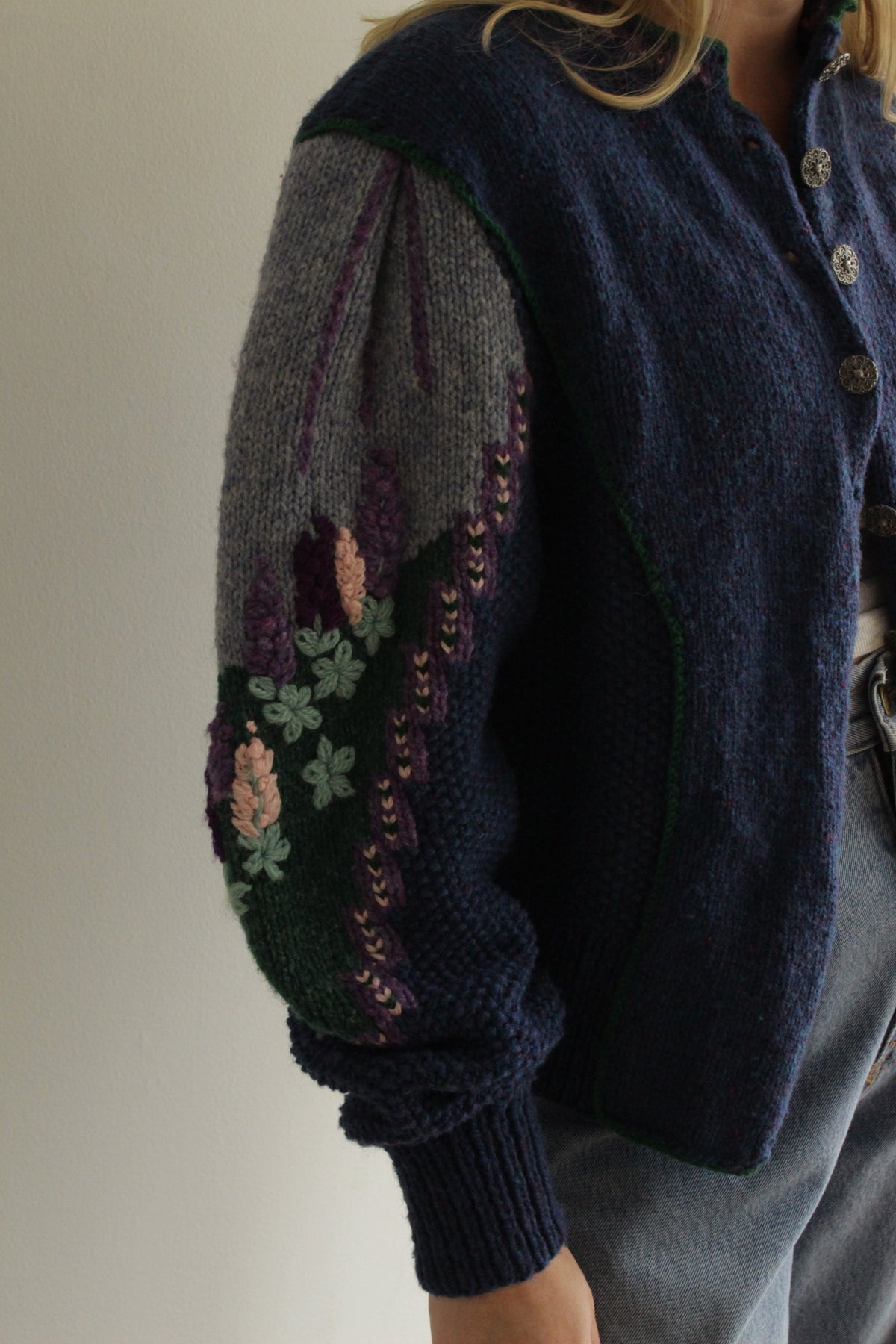 Incredible Vintage Hand Knit Balloon Sleeve Floral Wool Cardigan