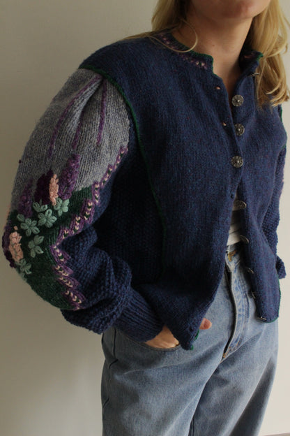 Incredible Vintage Hand Knit Balloon Sleeve Floral Wool Cardigan
