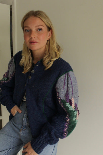 Incredible Vintage Hand Knit Balloon Sleeve Floral Wool Cardigan