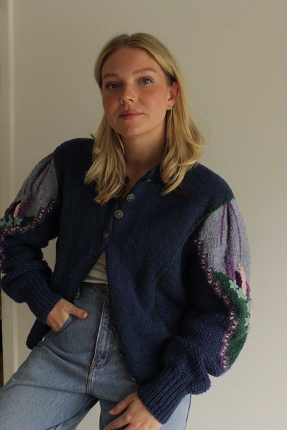 Incredible Vintage Hand Knit Balloon Sleeve Floral Wool Cardigan