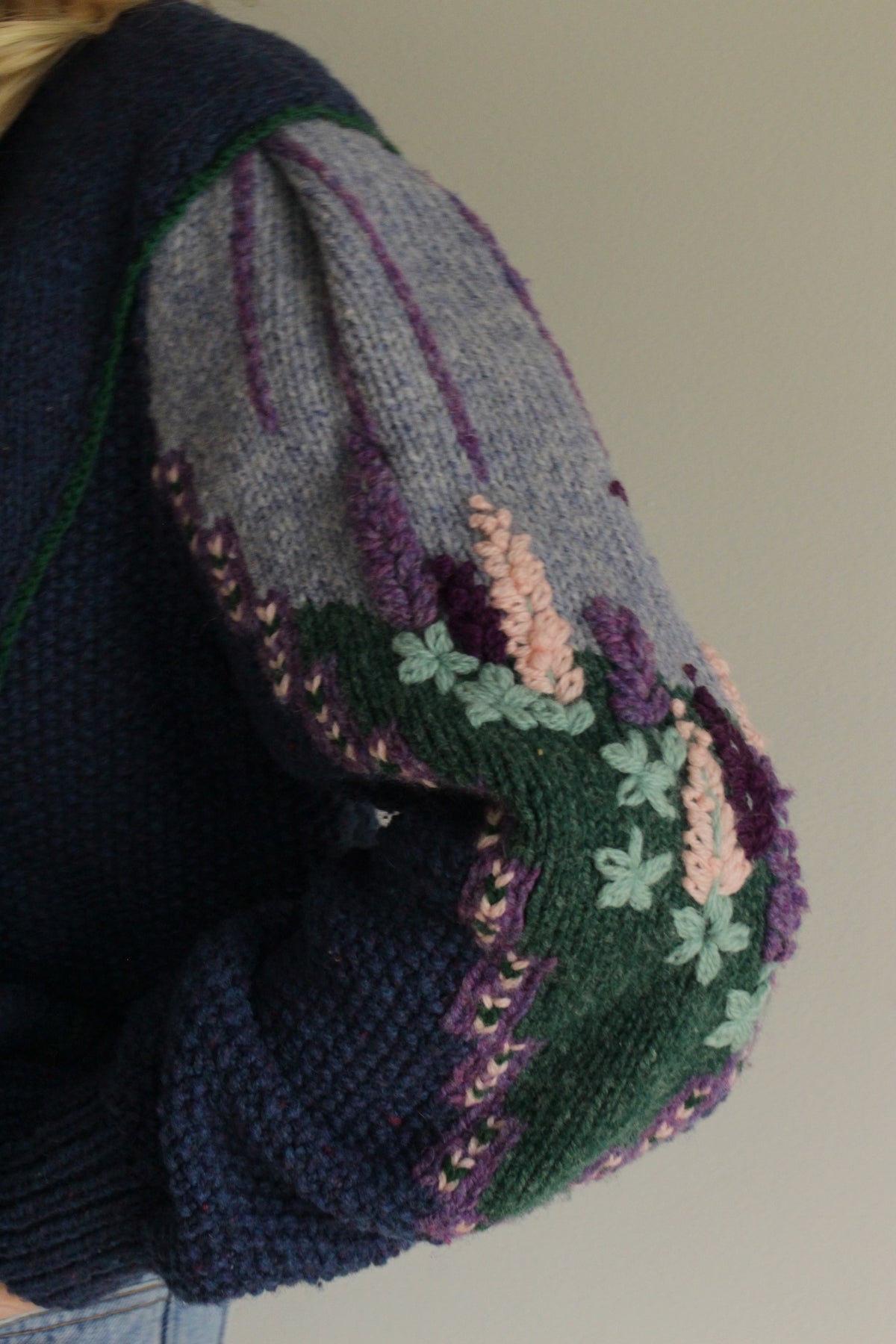 Incredible Vintage Hand Knit Balloon Sleeve Floral Wool Cardigan
