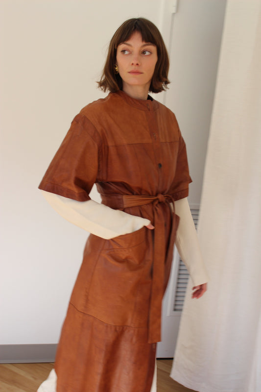 Incredible Cognac Leather Belted Short Sleeve Coat/Dress