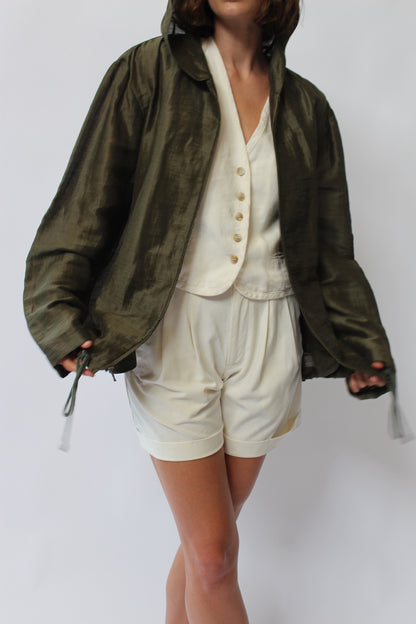 Lovely Vintage Olive Linen Hooded Jacket