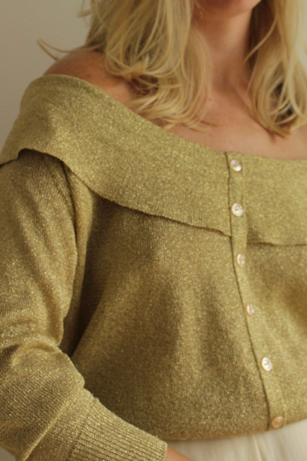 Vintage Off Shoulder Golden Knit Cardigan