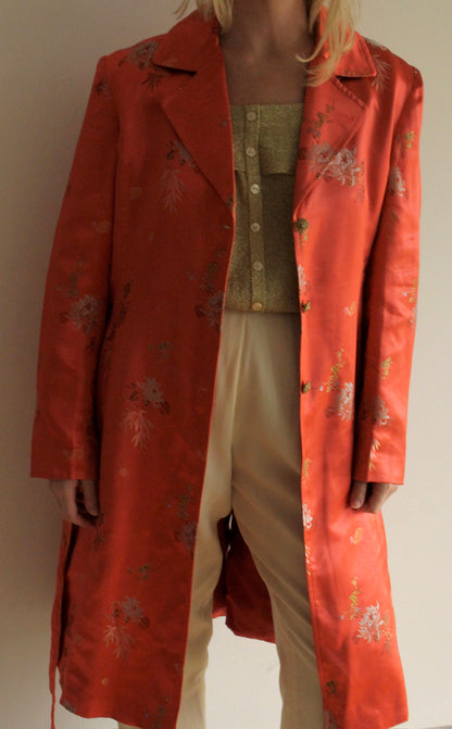 Stunning Vintage Satin Embroidered Belted Coat