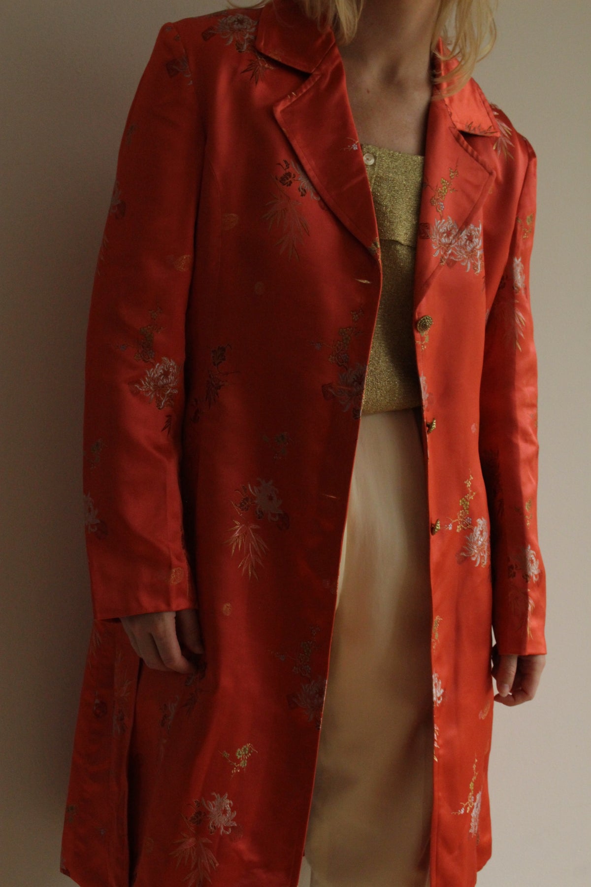 Stunning Vintage Satin Embroidered Belted Coat