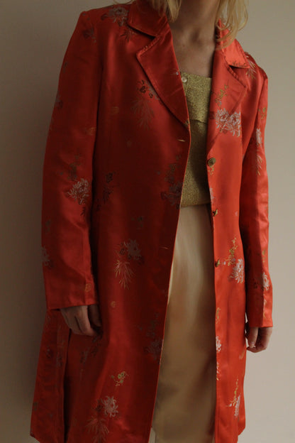Stunning Vintage Satin Embroidered Belted Coat