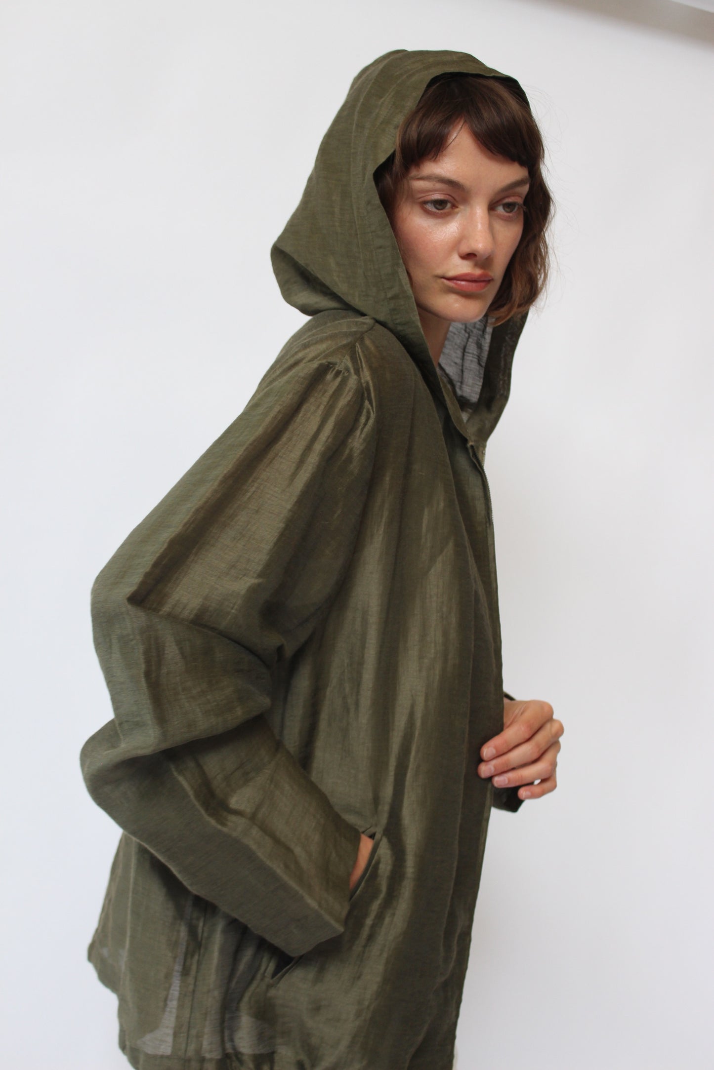 Lovely Vintage Olive Linen Hooded Jacket
