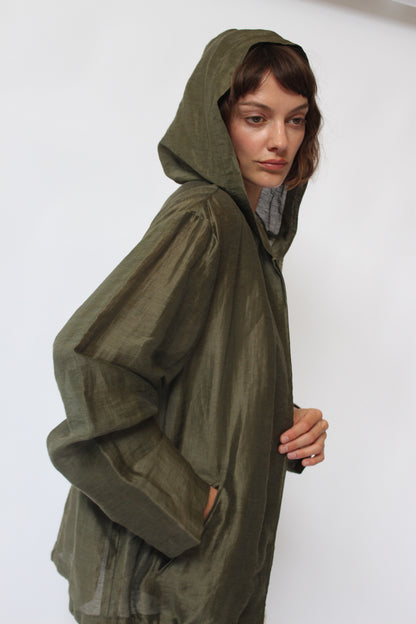 Lovely Vintage Olive Linen Hooded Jacket