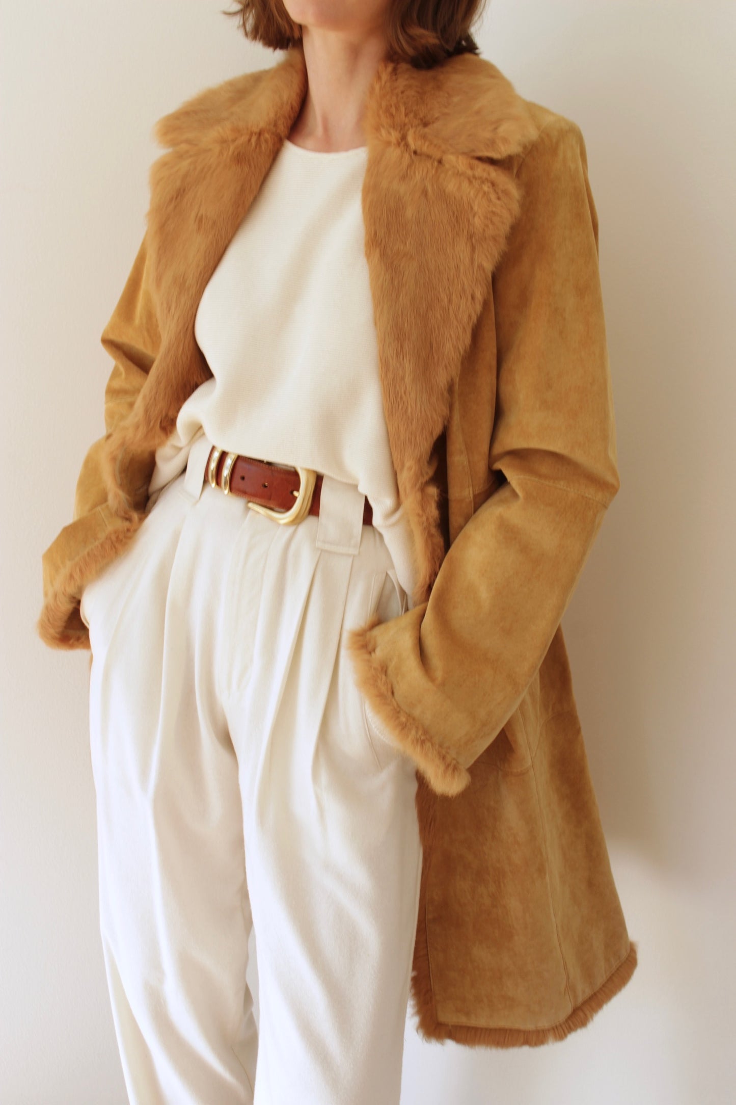 Vintage Camel Suede & Fur Collar Toggle Coat