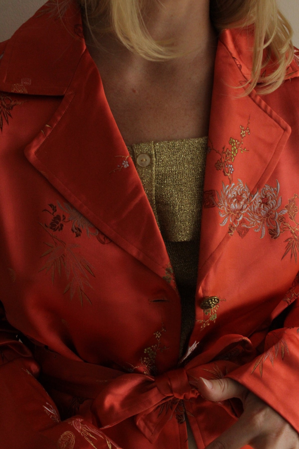 Stunning Vintage Satin Embroidered Belted Coat