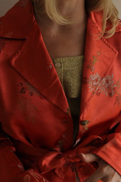 Stunning Vintage Satin Embroidered Belted Coat