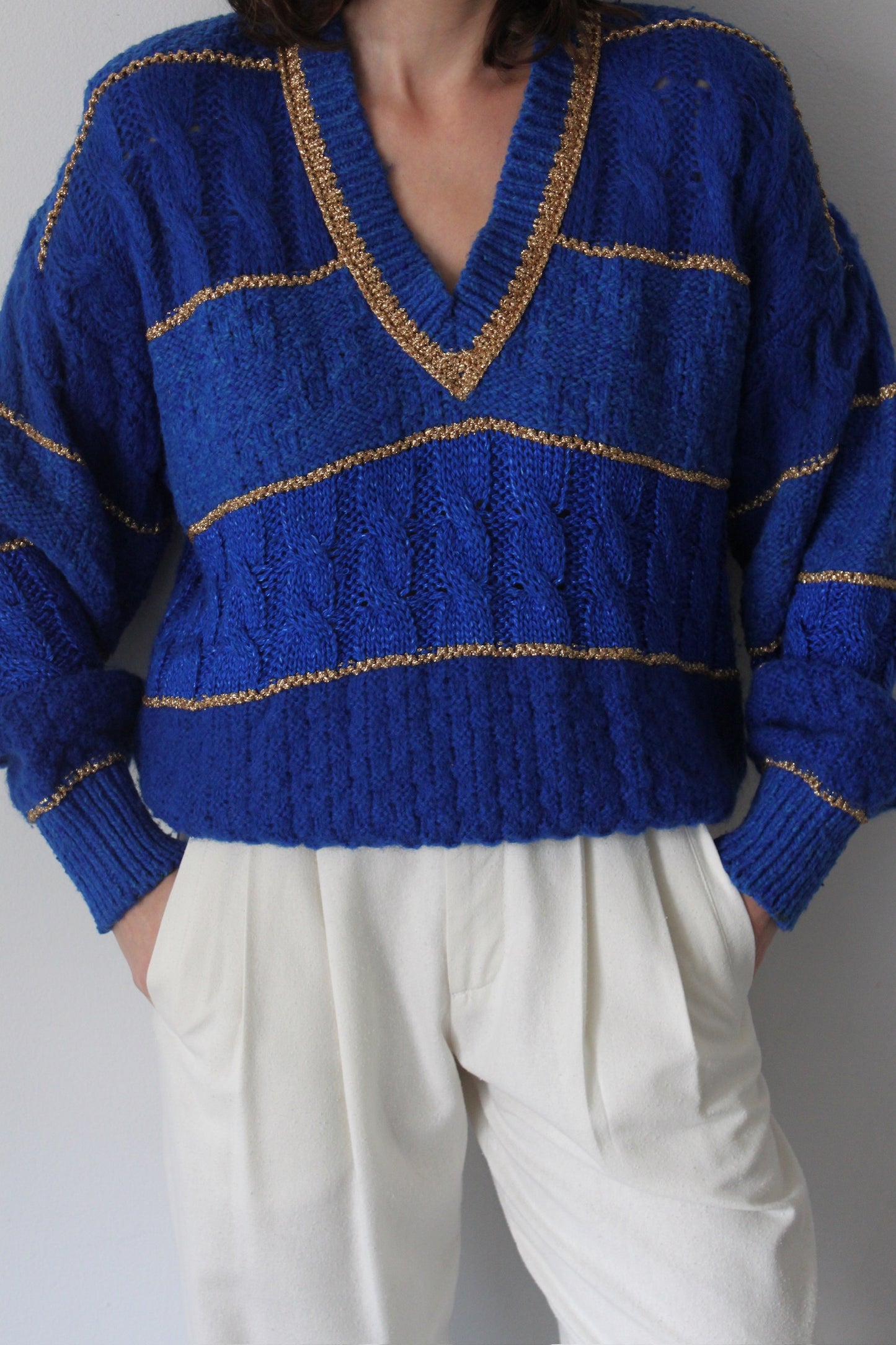 Favorite Vintage Cobalt & Gold V-Neck Sweater