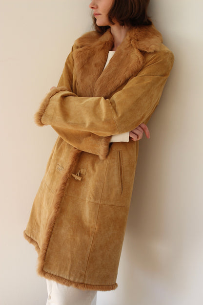 Vintage Camel Suede & Fur Collar Toggle Coat