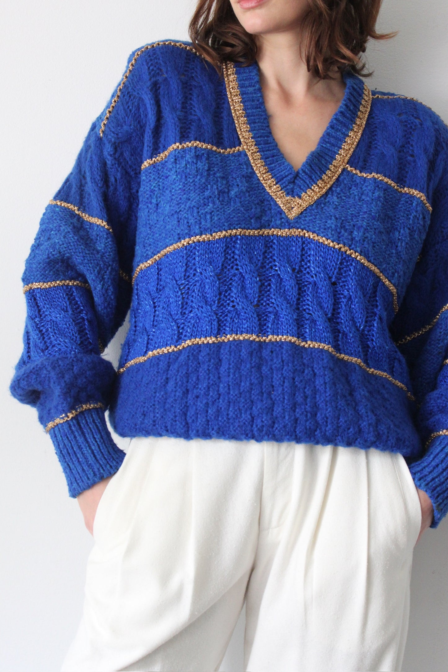 Favorite Vintage Cobalt & Gold V-Neck Sweater