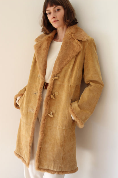 Vintage Camel Suede & Fur Collar Toggle Coat