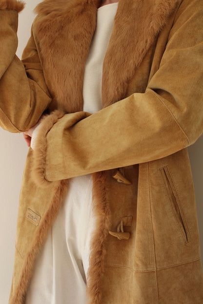 Vintage Camel Suede & Fur Collar Toggle Coat