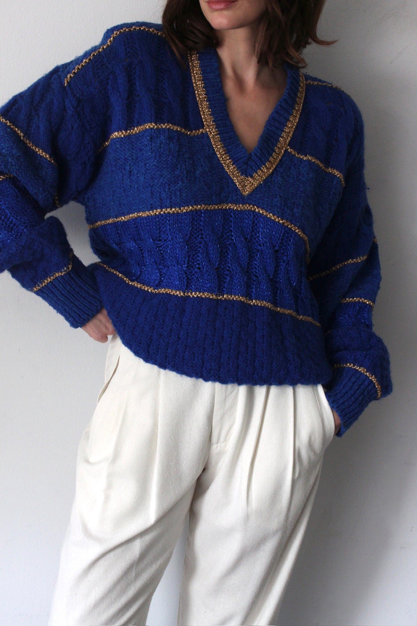 Favorite Vintage Cobalt & Gold V-Neck Sweater