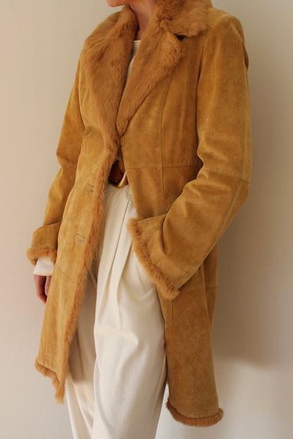 Vintage Camel Suede & Fur Collar Toggle Coat