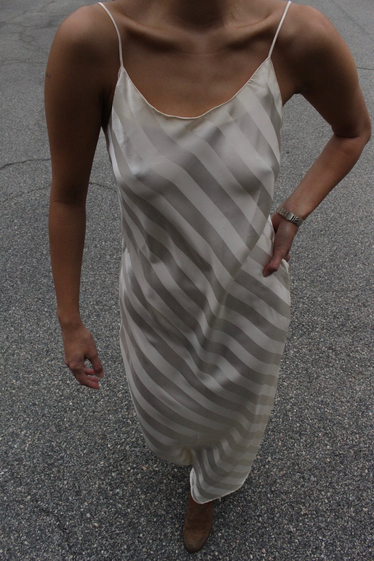 Stunning 90s Cream Satin Striped Slip Dress