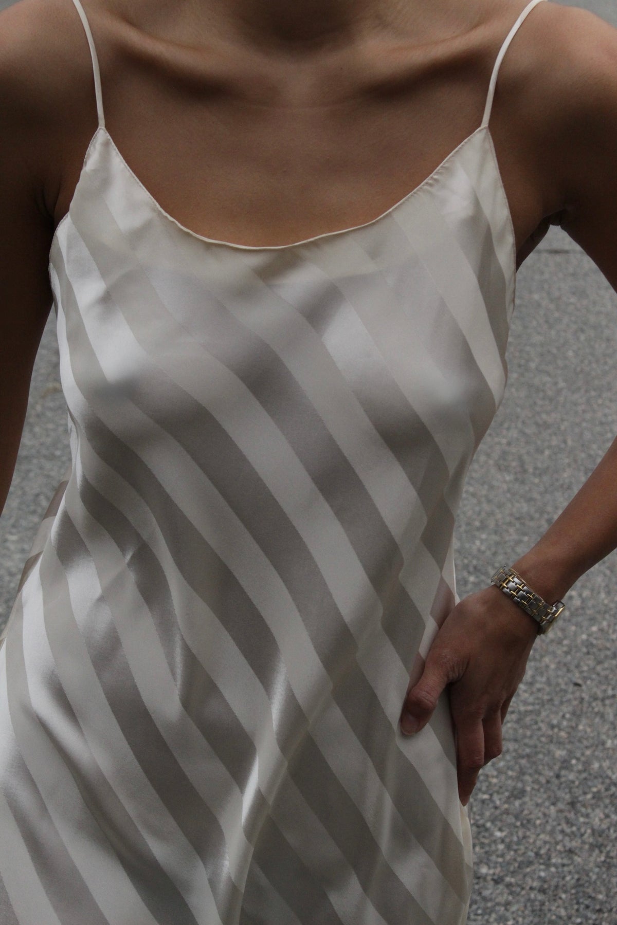 Stunning 90s Cream Satin Striped Slip Dress