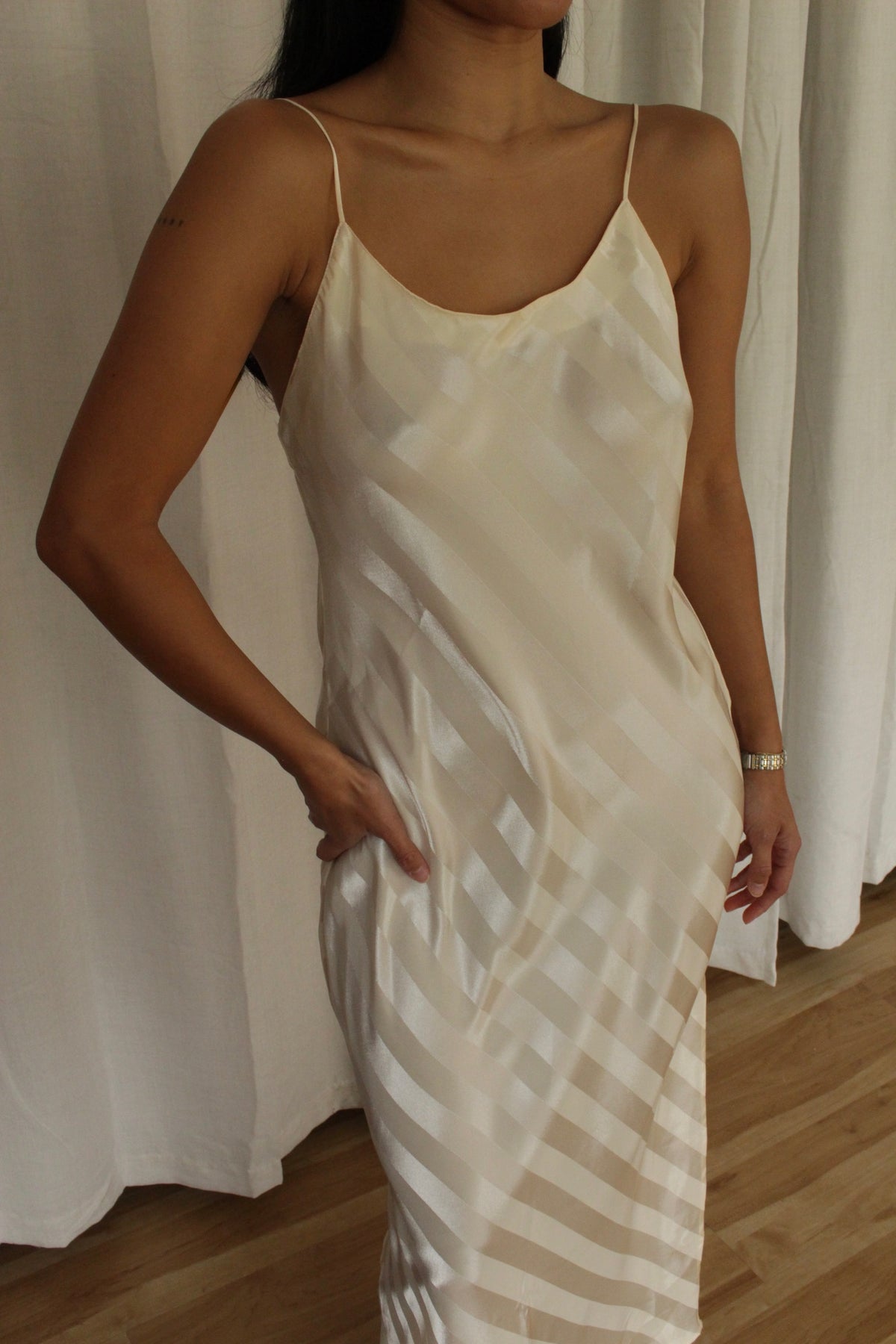 Stunning 90s Cream Satin Striped Slip Dress