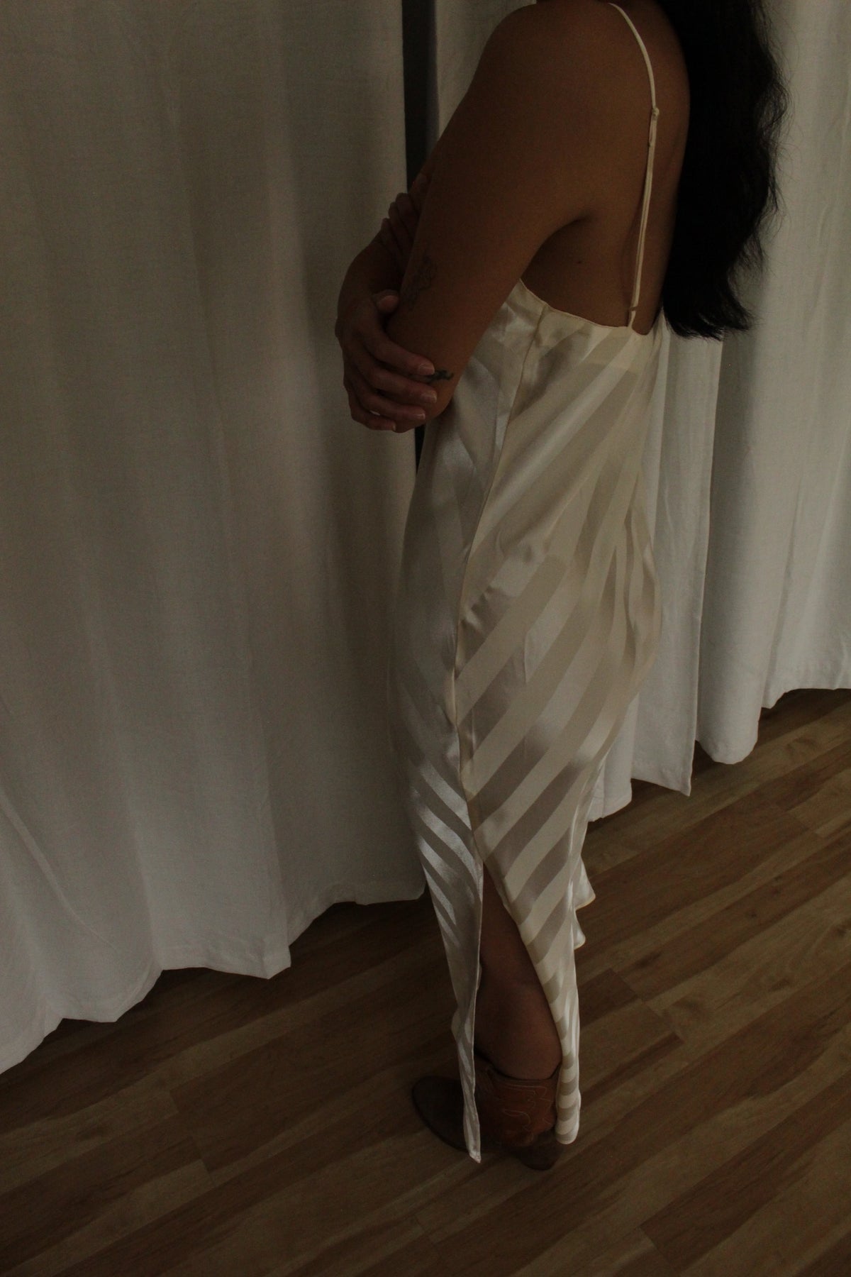 Stunning 90s Cream Satin Striped Slip Dress
