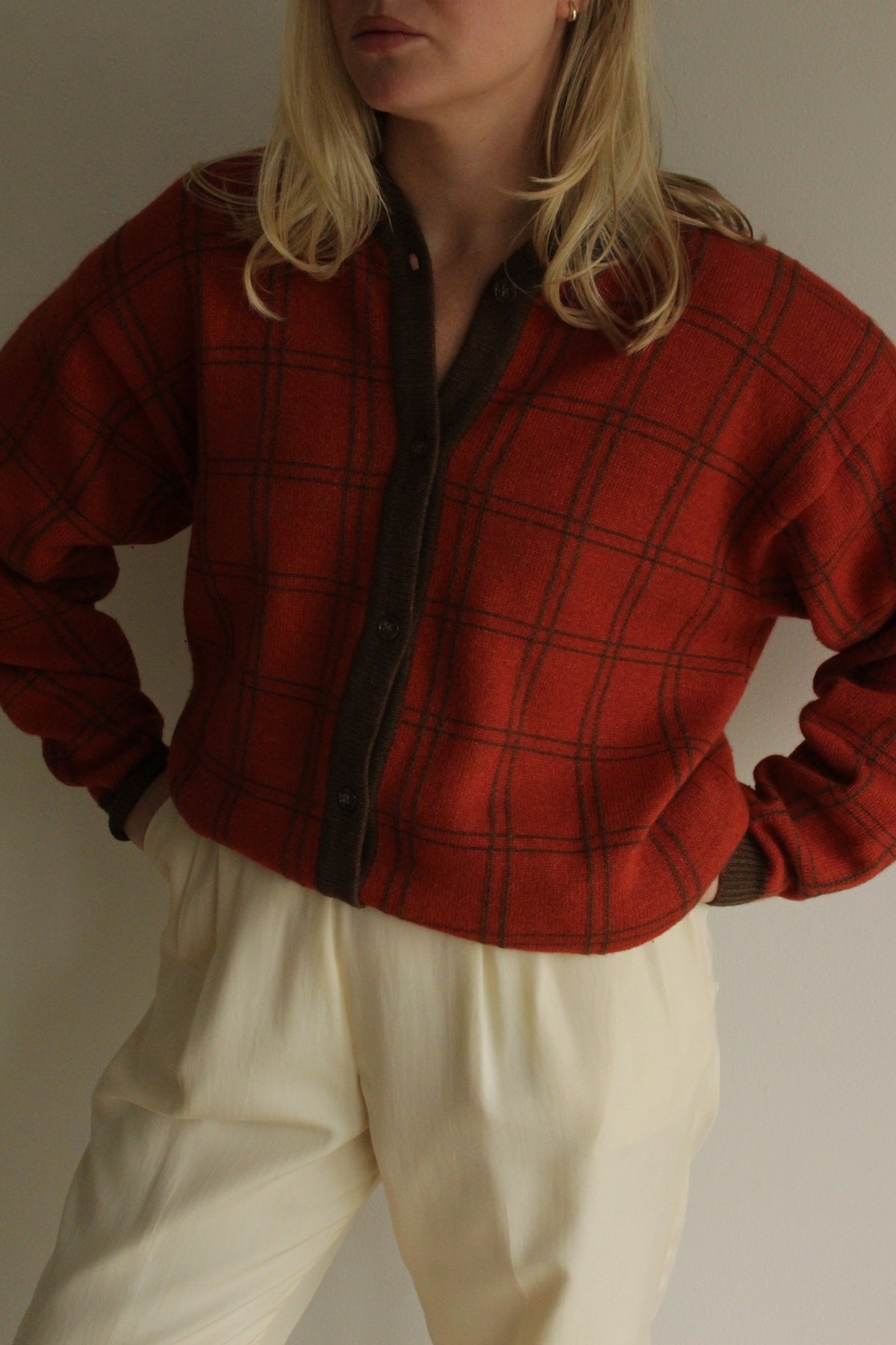 Vintage Calvin Klein Wool, Silk & Angora Grid Knit Cardigan