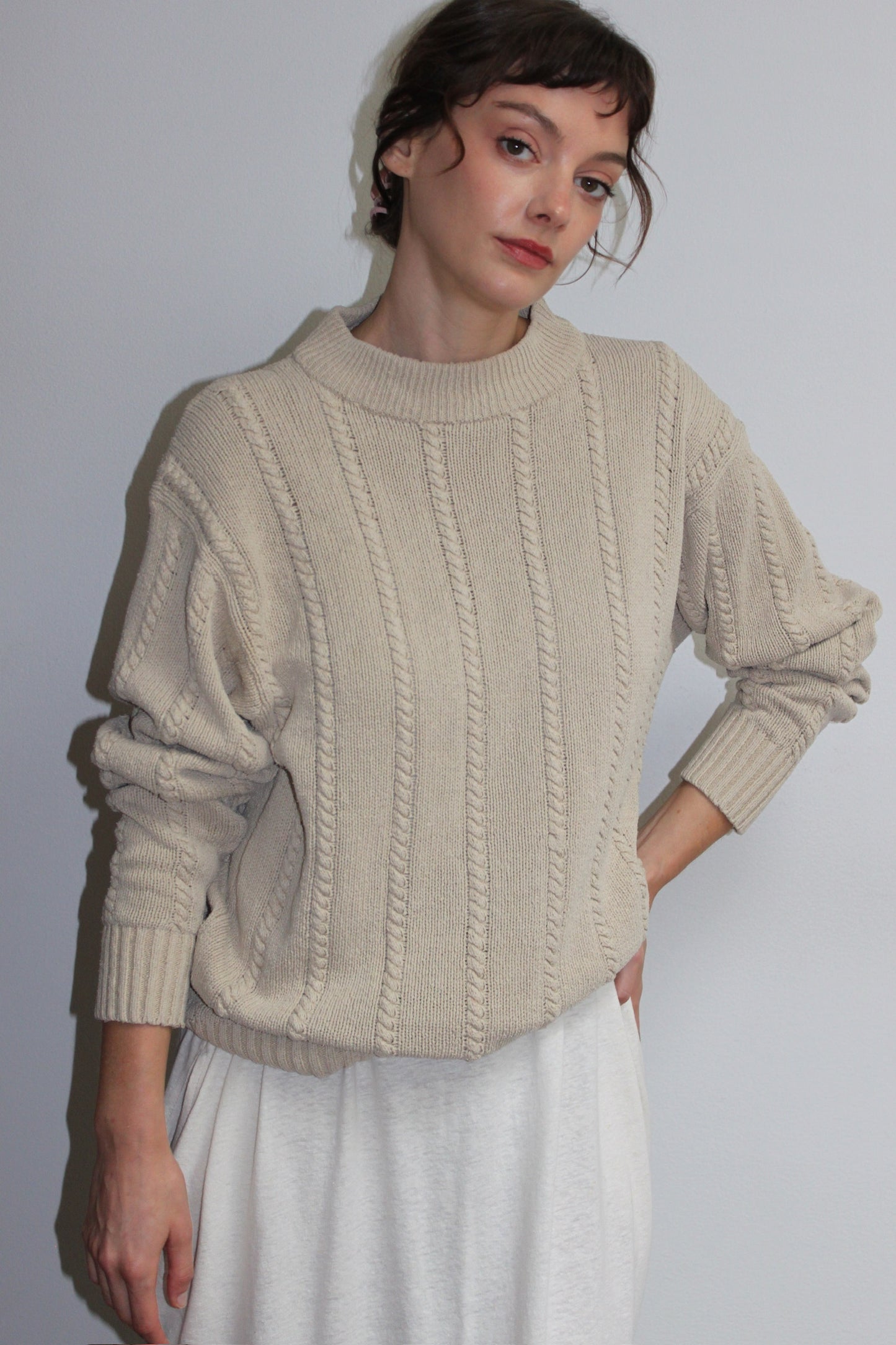 Vintage Ecru Silk Knit Mock Neck