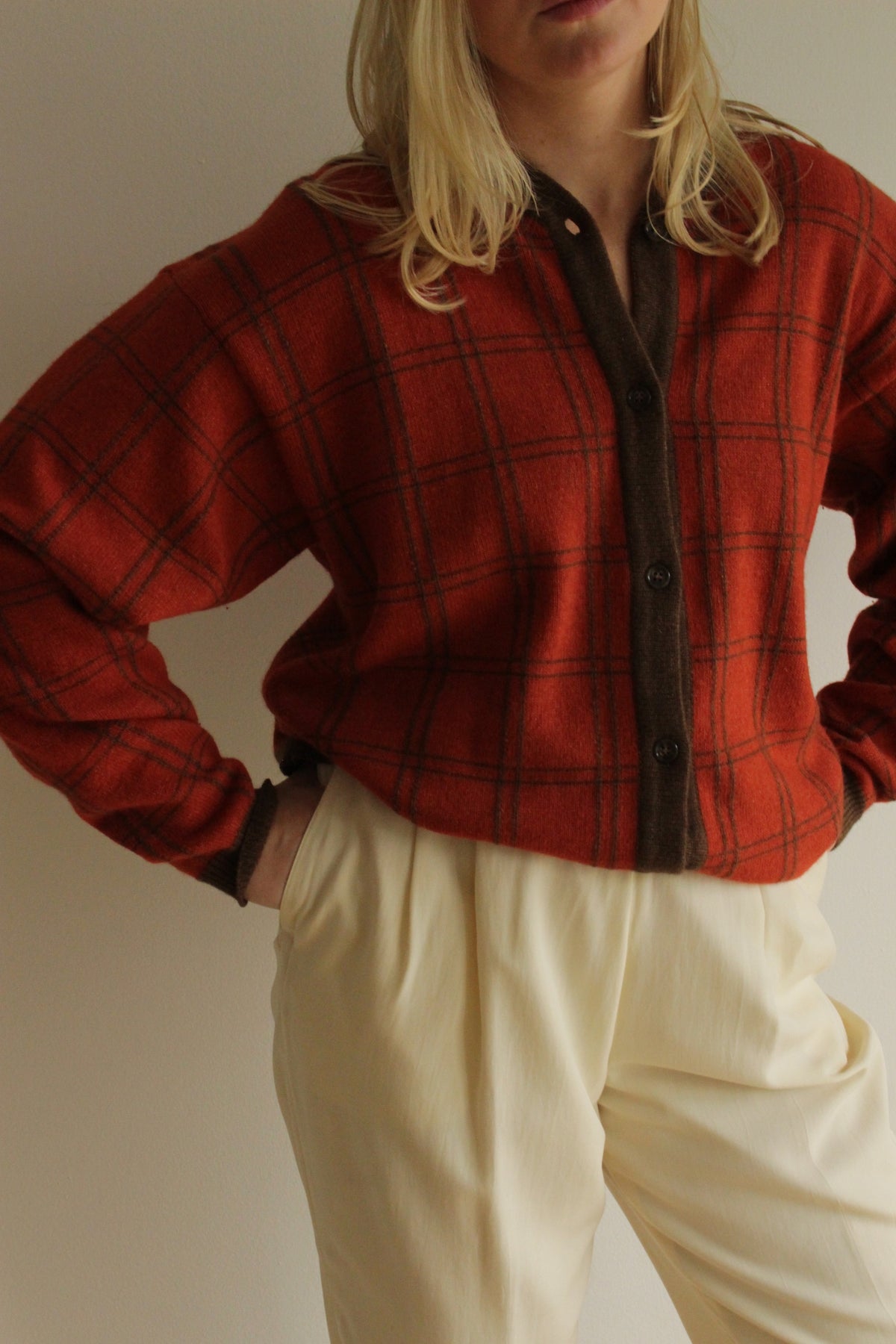 Vintage Calvin Klein Wool, Silk & Angora Grid Knit Cardigan