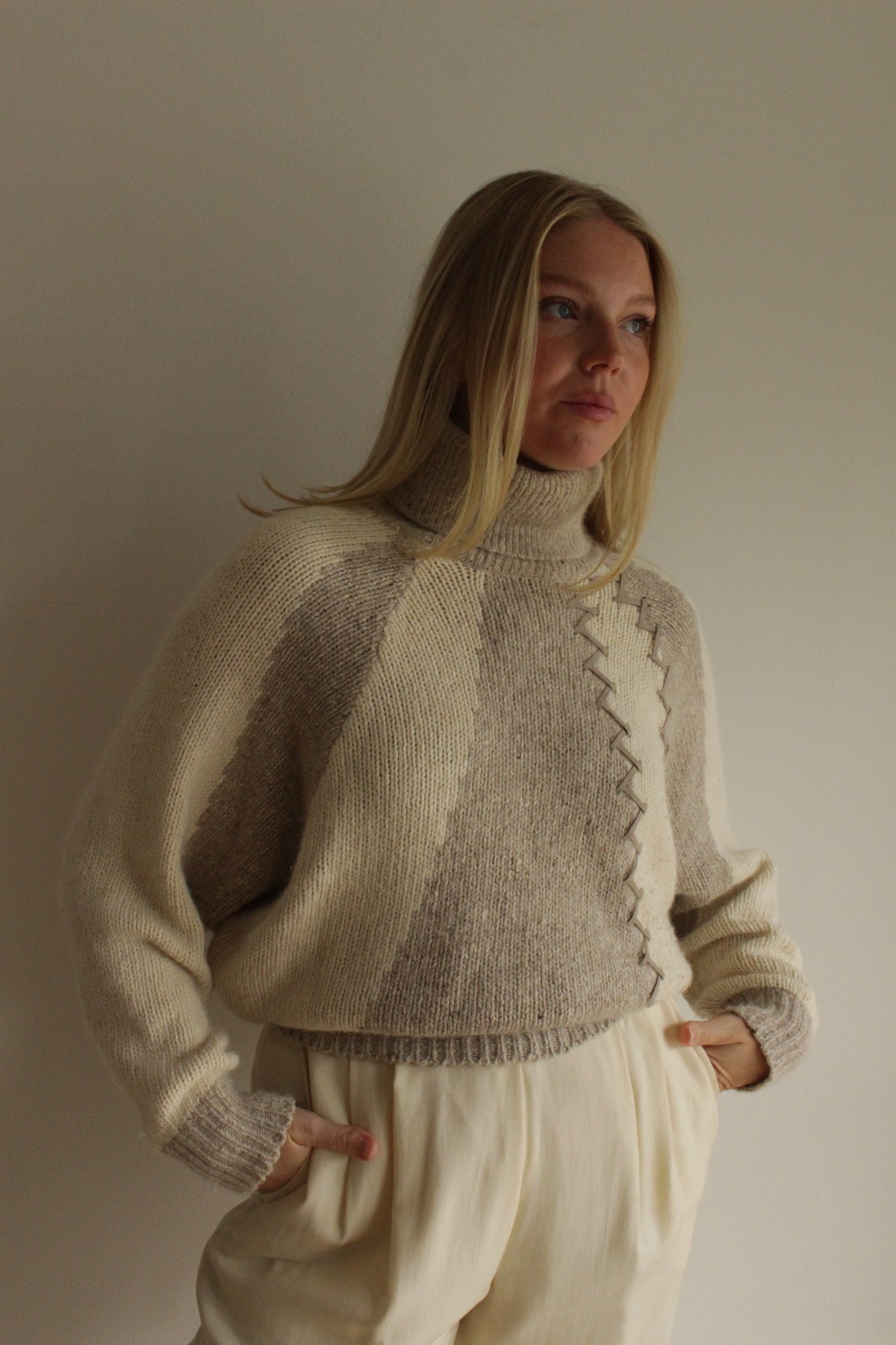 Vintage Exposed Stitch Silk & Angora Knit Turtleneck
