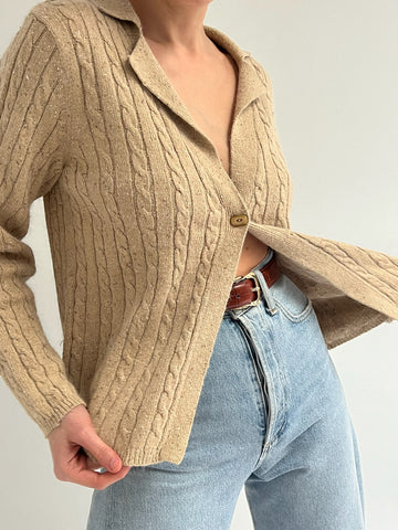 90s Camel Silk Cable Knit Cardigan