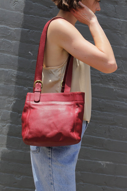 Vintage Coach Red Leather Buckled-Strap Tote Bag