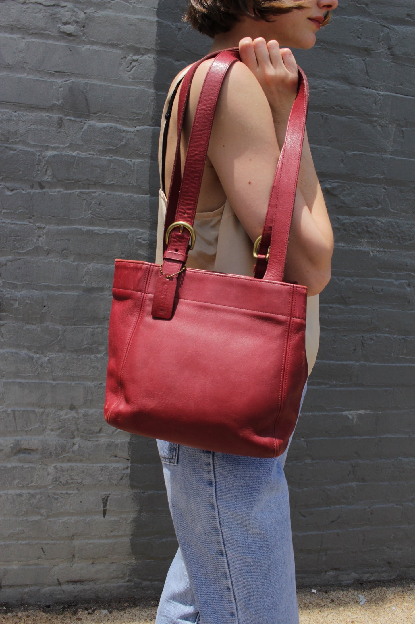 Vintage Coach Red Leather Buckled-Strap Tote Bag